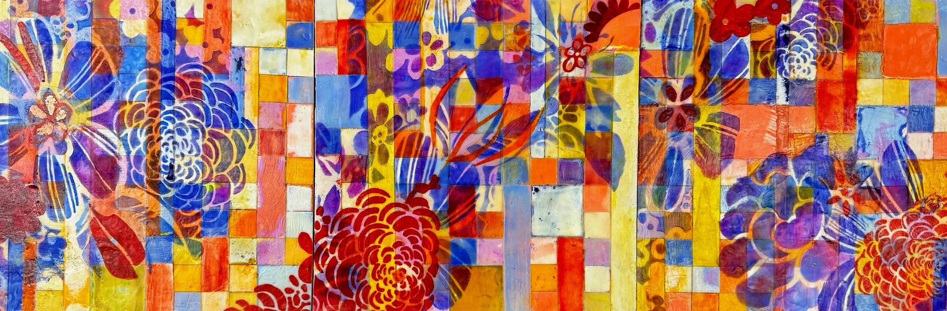 Panoramic floral painting of layered patchwork color
